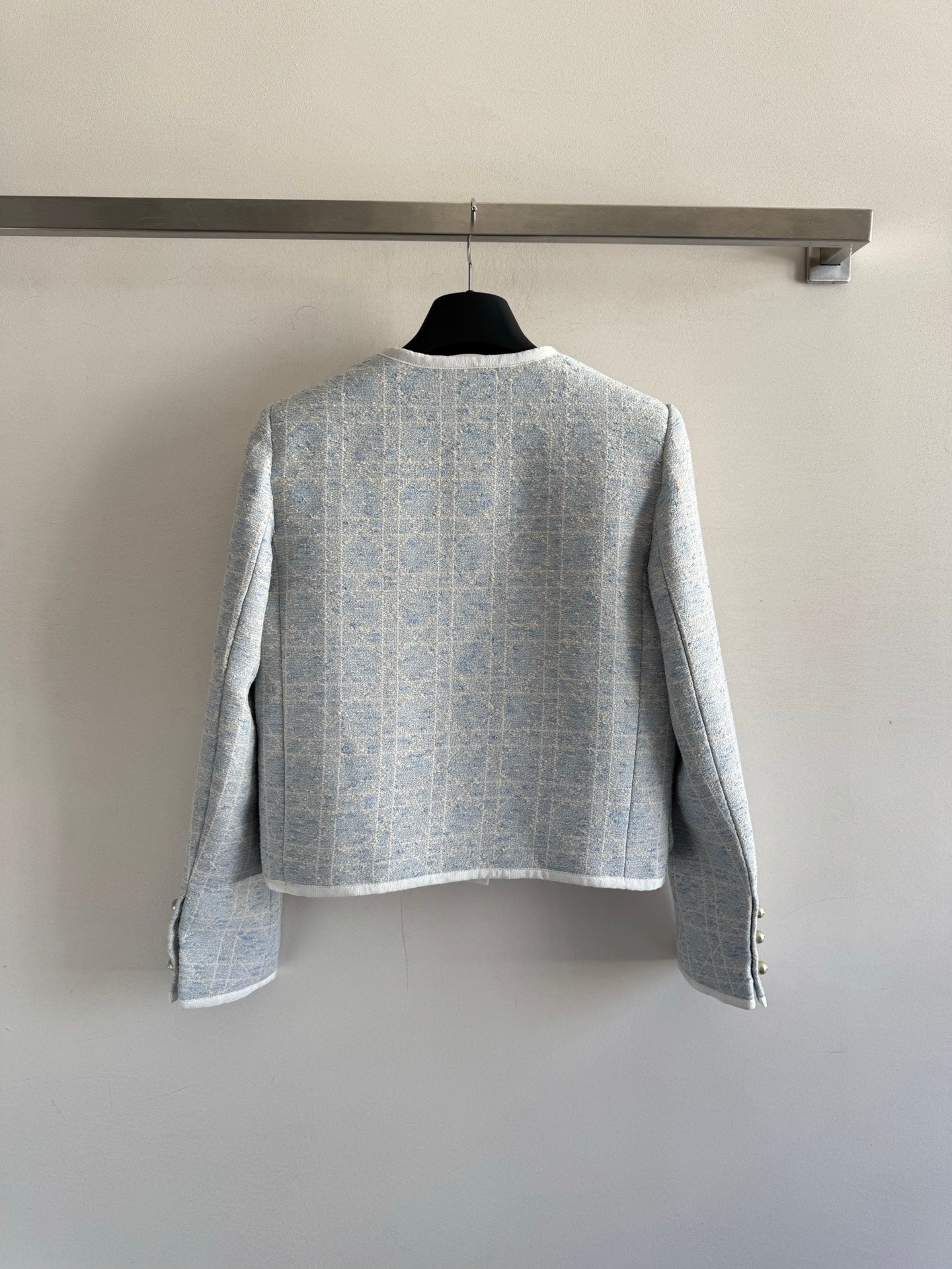 New limited edition Glacier Blue rattan check classic boxy round-neck blazer.