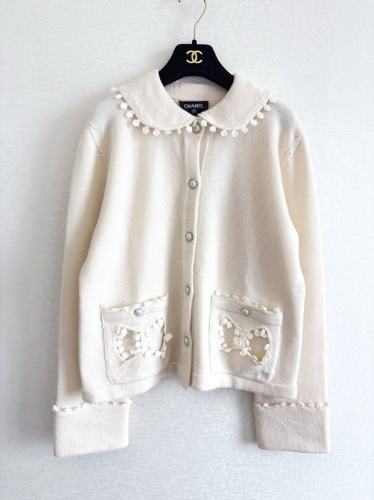 Bow-tie openwork pocket Peter Pan collar cardigan