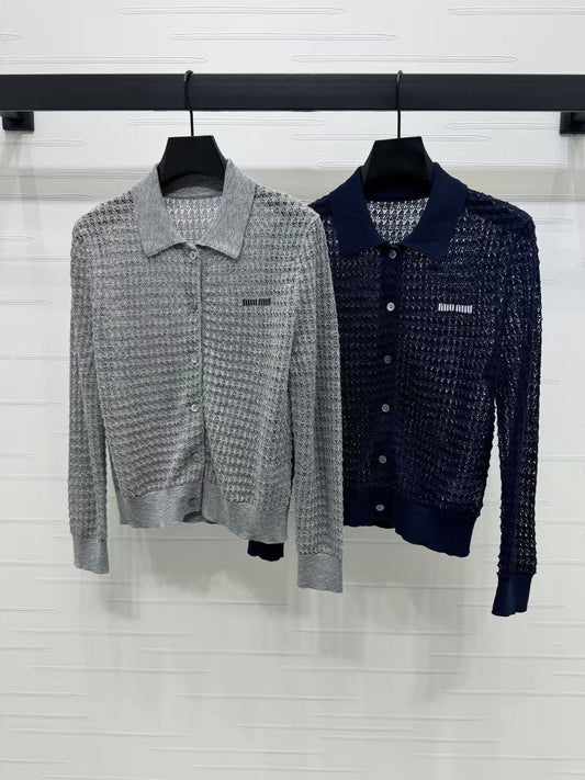Langärmeliges, durchbrochenes Polo-Strickoberteil