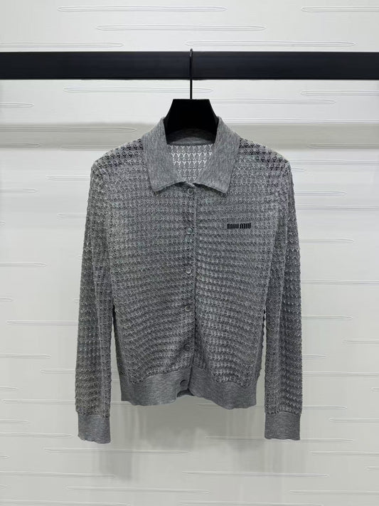 Langärmeliges, durchbrochenes Polo-Strickoberteil