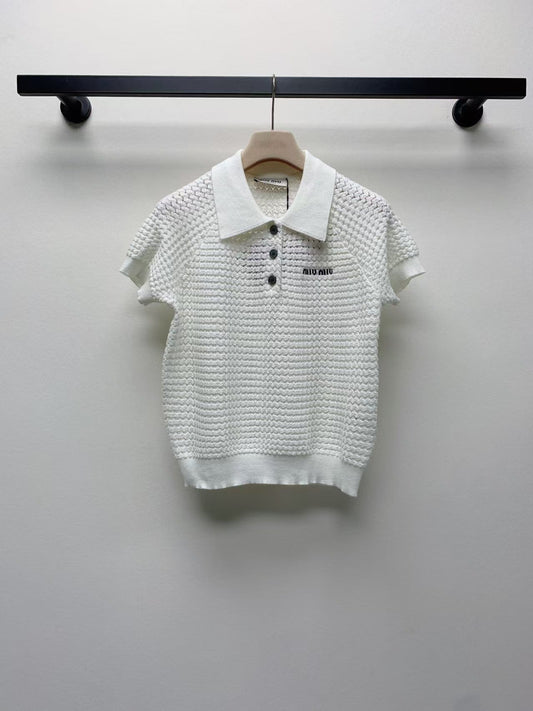 lapel button letter knitted sweater short sleeves