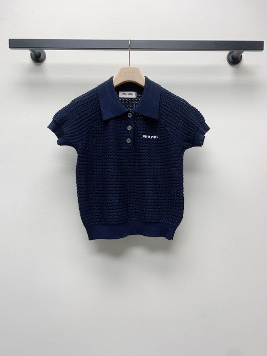 lapel button letter knitted sweater short sleeves