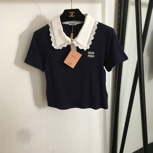 new simple logo embroidery color matching lace lapel short sleeves