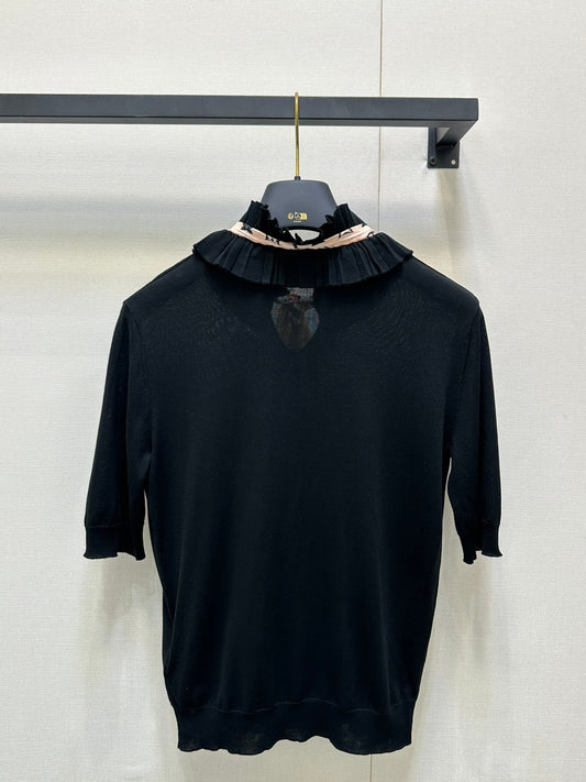 Lace Stand-up Collar Ribbon Short Sleeve