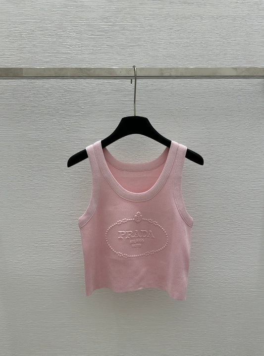 Solid Color Crew Neck Letter Embossed Knit Vest