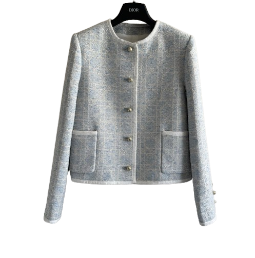 New limited edition Glacier Blue rattan check classic boxy round-neck blazer.