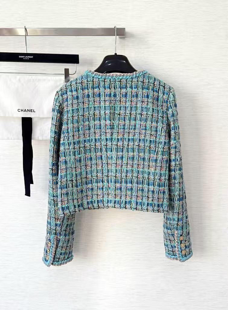 Haute Couture Peacock Blue Tweed Round Neck Jacket