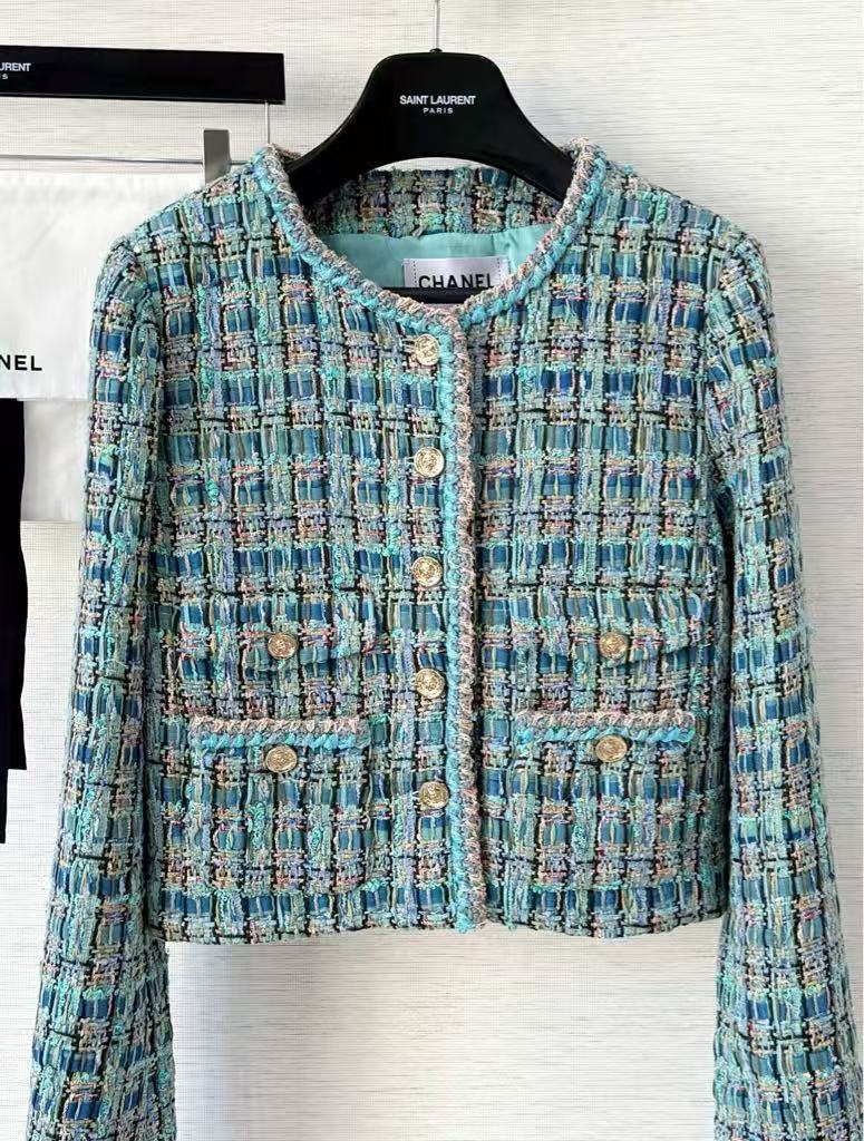 Haute Couture Peacock Blue Tweed Round Neck Jacket