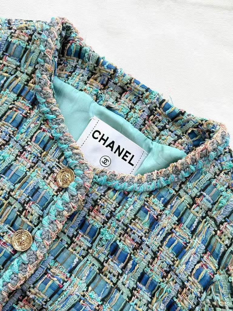 Haute Couture Peacock Blue Tweed Round Neck Jacket