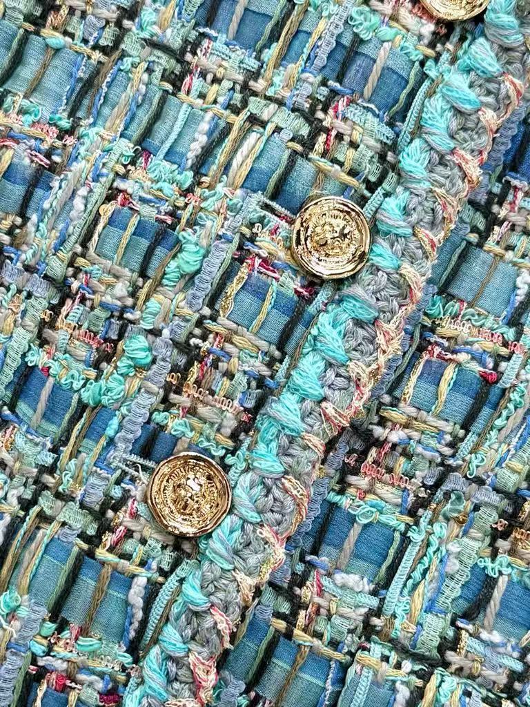 Haute Couture Peacock Blue Tweed Round Neck Jacket