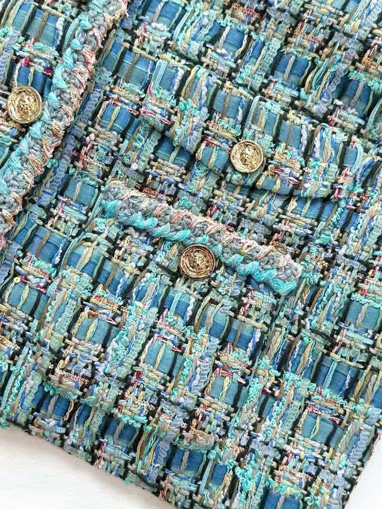 Haute Couture Peacock Blue Tweed Round Neck Jacket