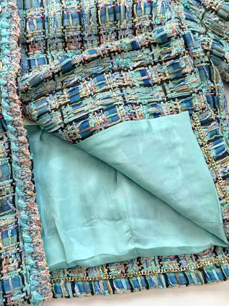 Haute Couture Peacock Blue Tweed Round Neck Jacket
