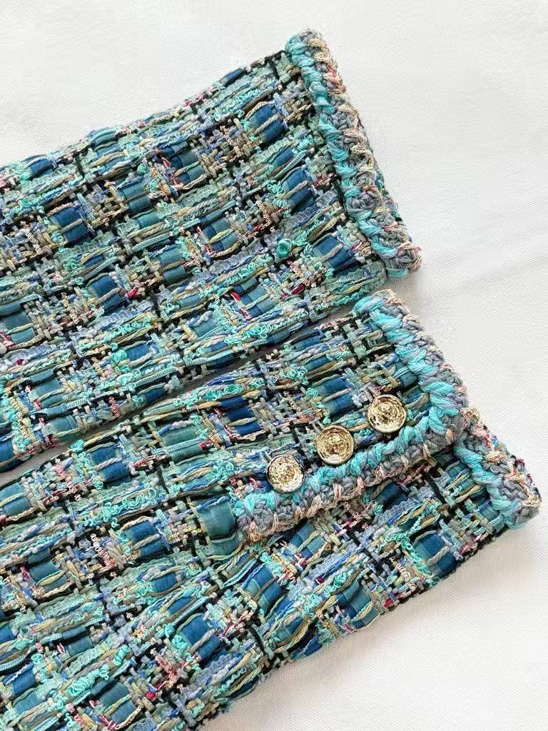 Haute Couture Peacock Blue Tweed Round Neck Jacket