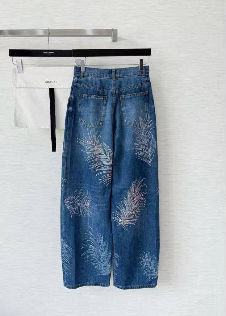 Feather leaf hot diamond jeans
