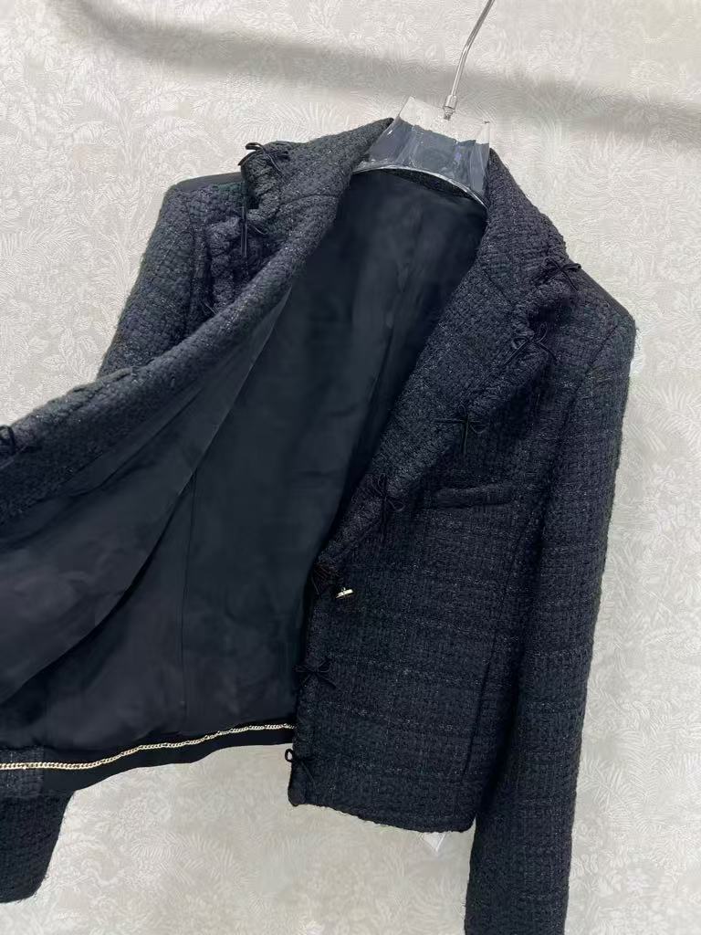 New Fall/Winter collection: French-inspired floral lapel and bow-tie cropped tweed jacket.