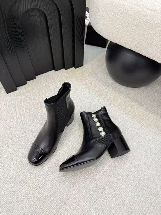 Pearl buckle ankle boots