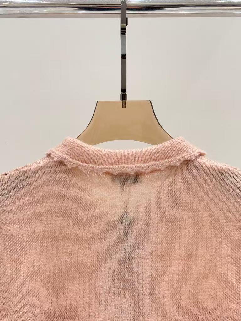 Lapel hand-crocheted hollow letter logo diamond-studded simple Chanel style knitted cardigan