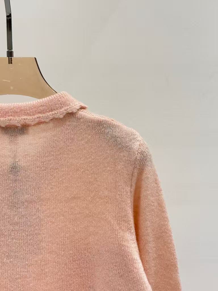 Lapel hand-crocheted hollow letter logo diamond-studded simple Chanel style knitted cardigan