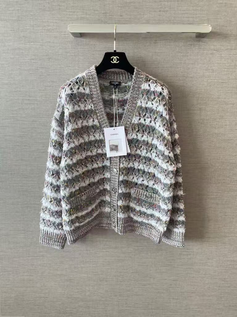 Gray-green striped open-knit cardigan