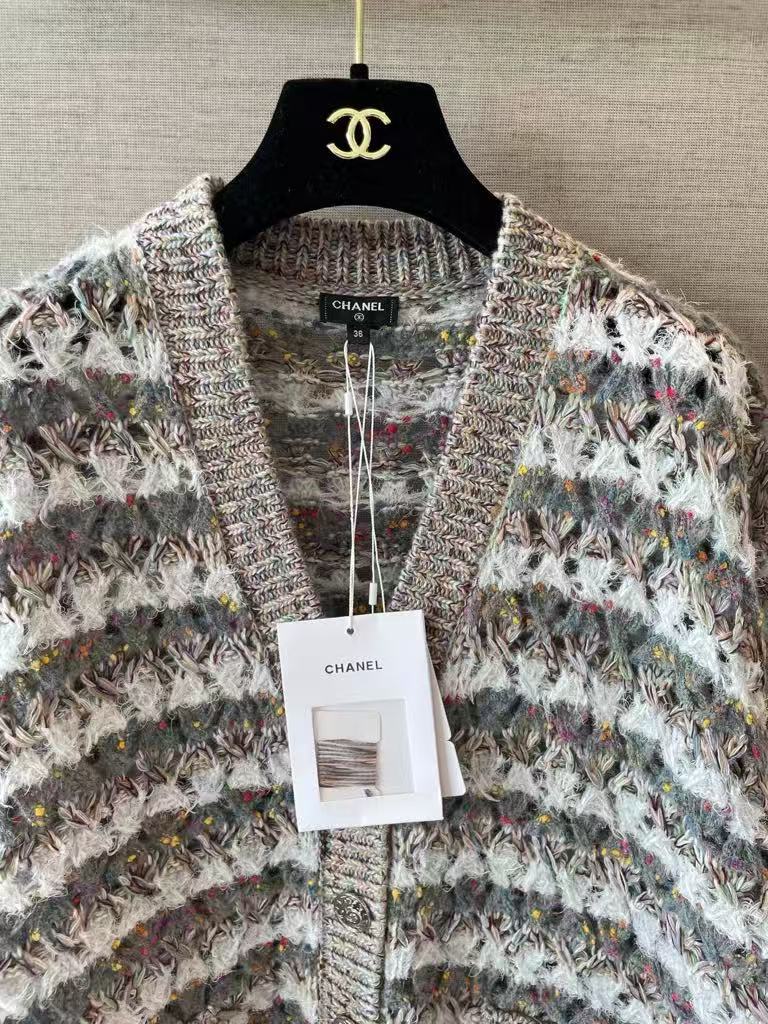 Gray-green striped open-knit cardigan