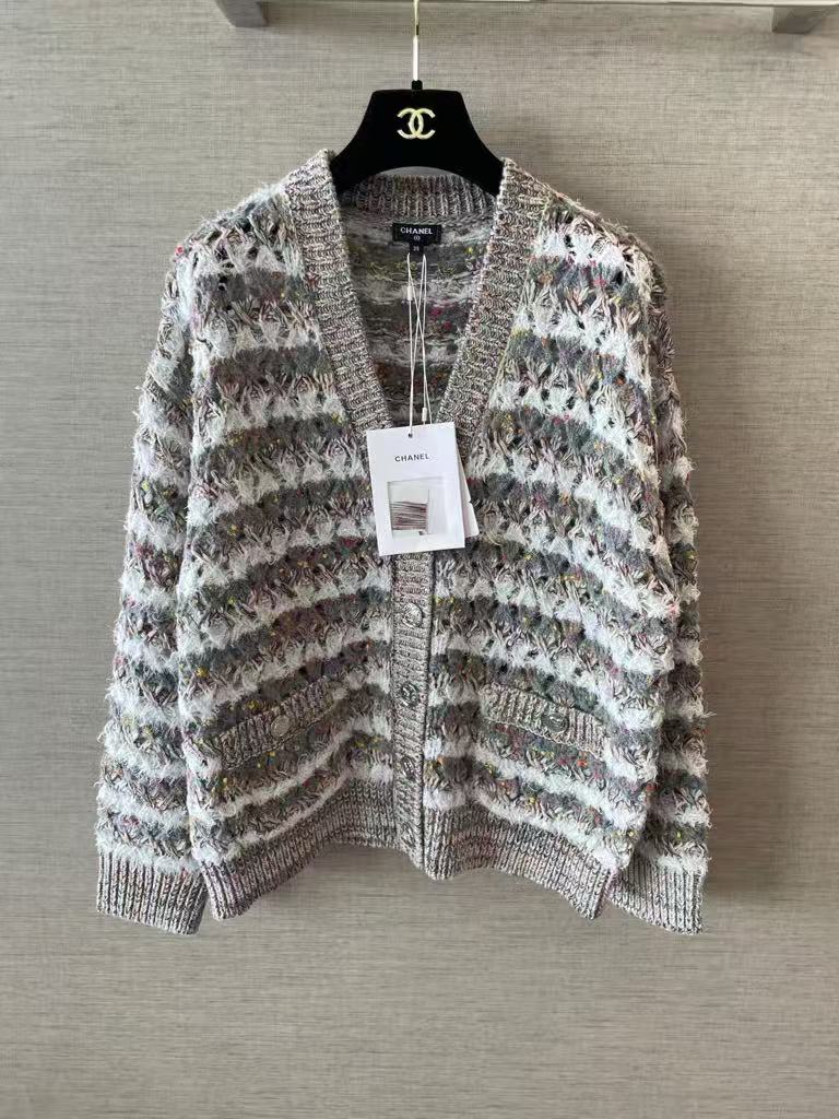 Gray-green striped open-knit cardigan