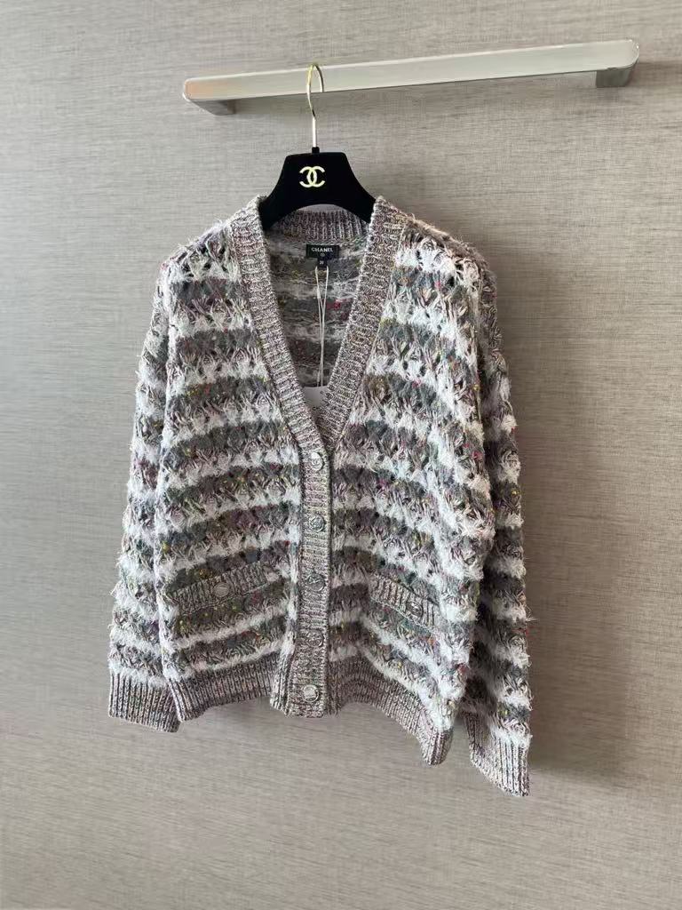 Gray-green striped open-knit cardigan