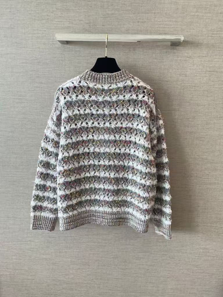 Gray-green striped open-knit cardigan