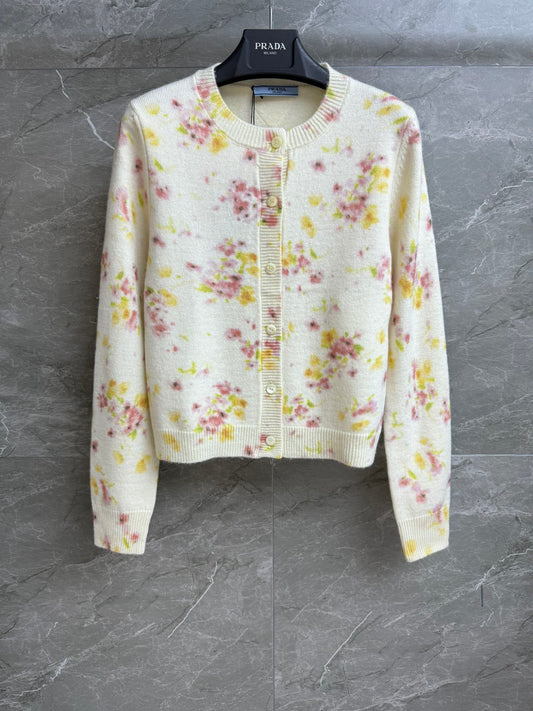 PRDA floral wool cardigan autumn and winter series round neck ribbed neckline