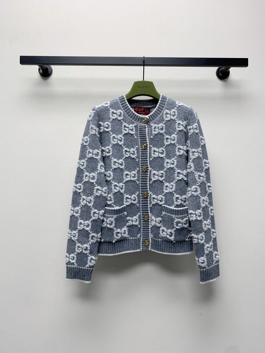 New autumn and winter round neck custom buttoned three-dimensional pattern double G knitted sweater cardigan