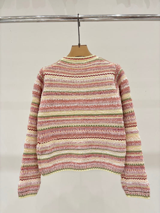 2025 New Round Neck Striped Casual Knit Cardigan