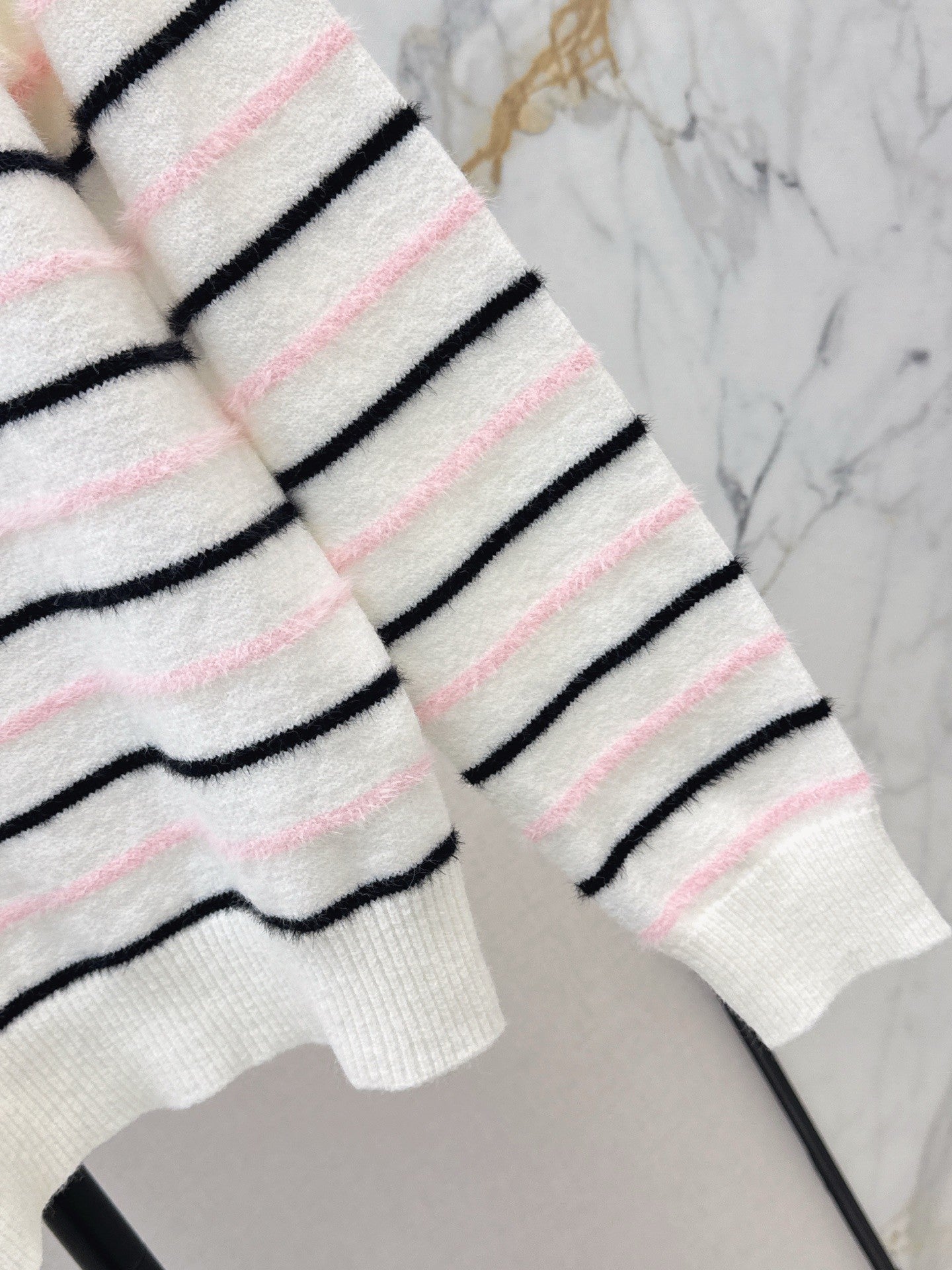 25FW New Color-Blocked Striped Knit Sweater, Classic Double C Logo