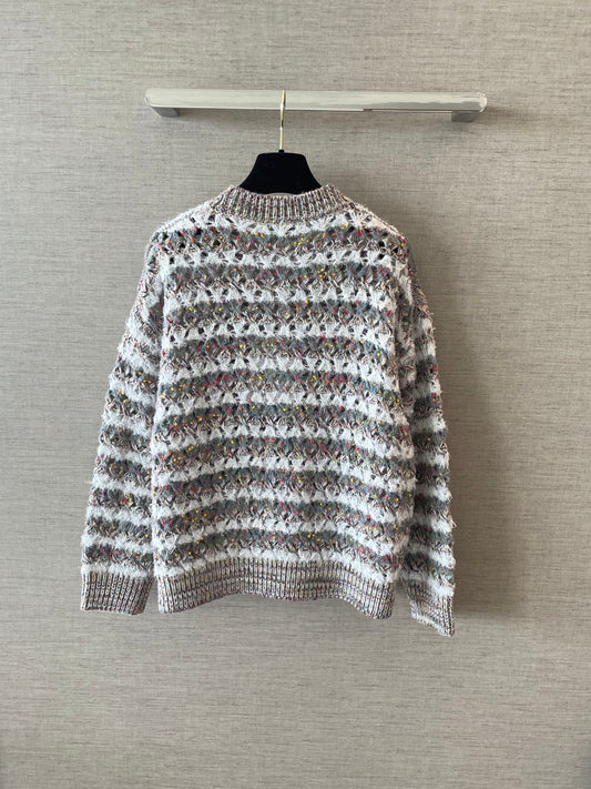 25FW new gray-green striped open-knit cardigan