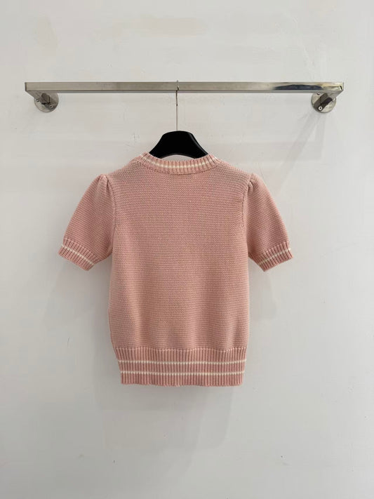 26SS new pink limited edition love embroidered short-sleeved sweater
