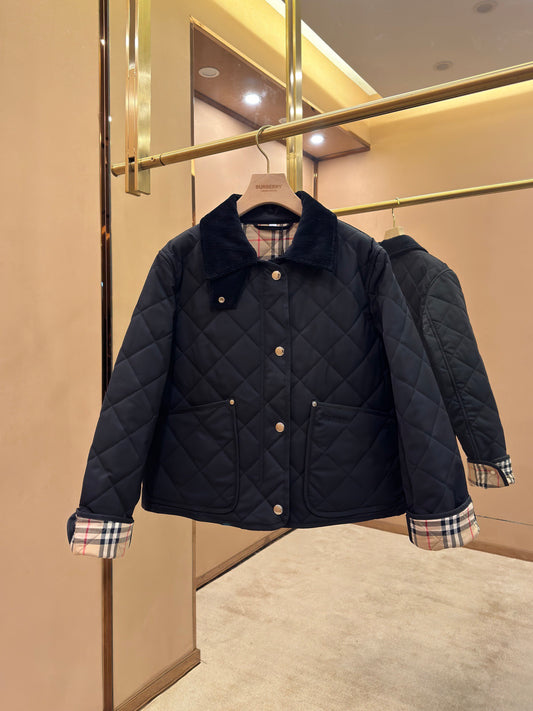 26SS NEW Corduroy collar diamond quilted barn short cotton coat