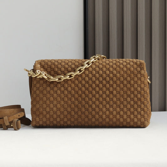 26SS NEW Brown Double G embossed suede chain handbag