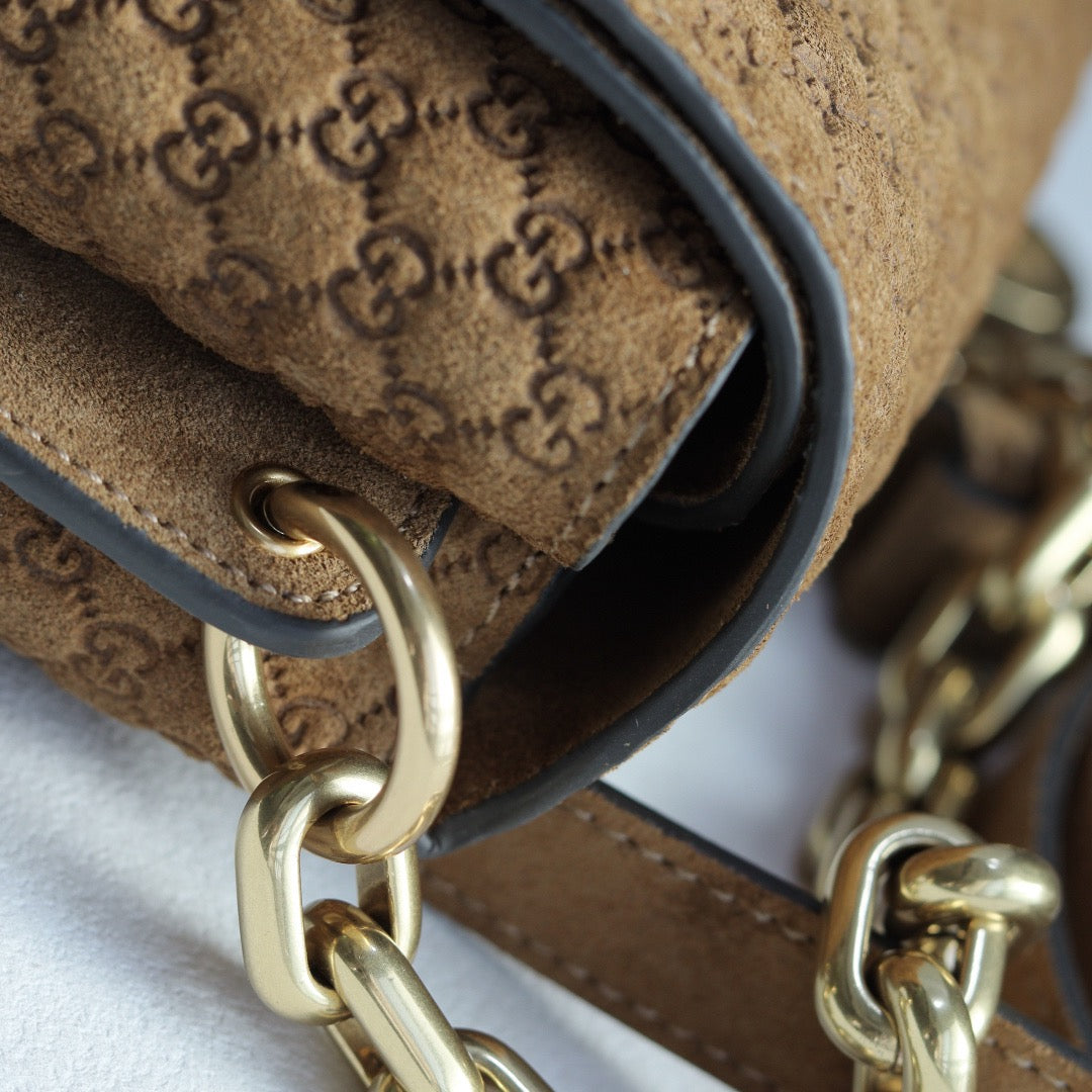 26SS NEW Brown Double G embossed suede chain handbag