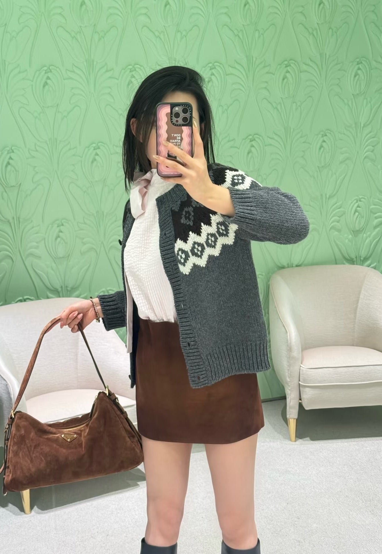 25FW New Ski Series Premium Gray Fair Isle knitted cardigan