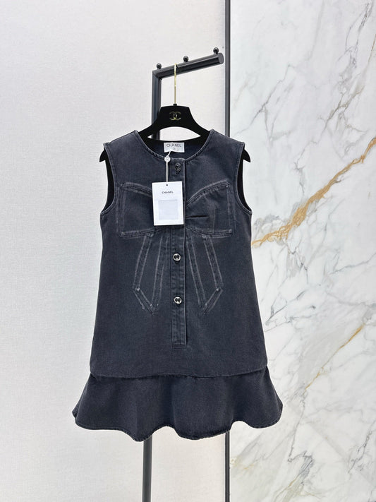 26SS latest super hot bow series denim vest dress