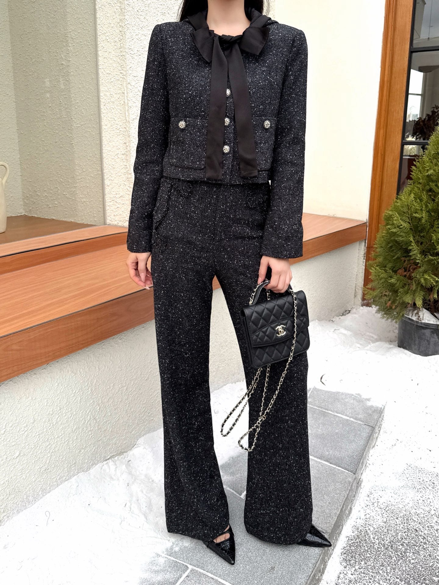 25FW latest style houndstooth slub tweed coat