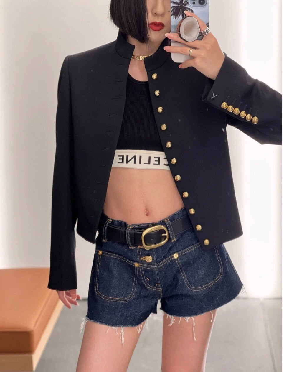 25FW latest black gold series Arc de Triomphe gold buckle decorative jacket