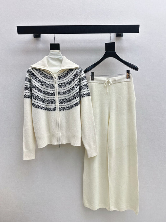 26SS knit fair isle zipper cardigan+pants outfit set