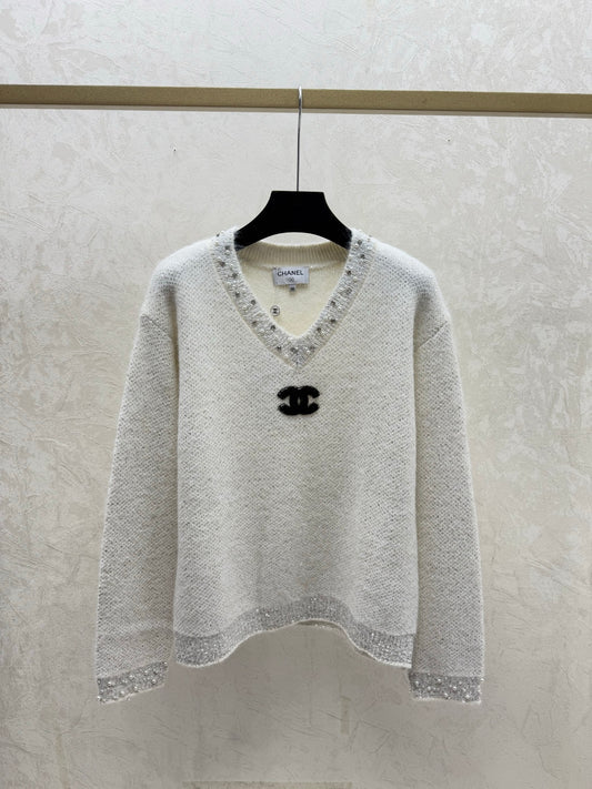26SS NEW Heavy beading V-neck knitted long sleeves