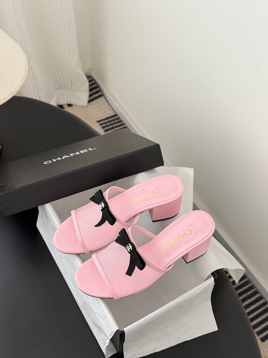 26SS NEW bow mesh chunky heels slides
