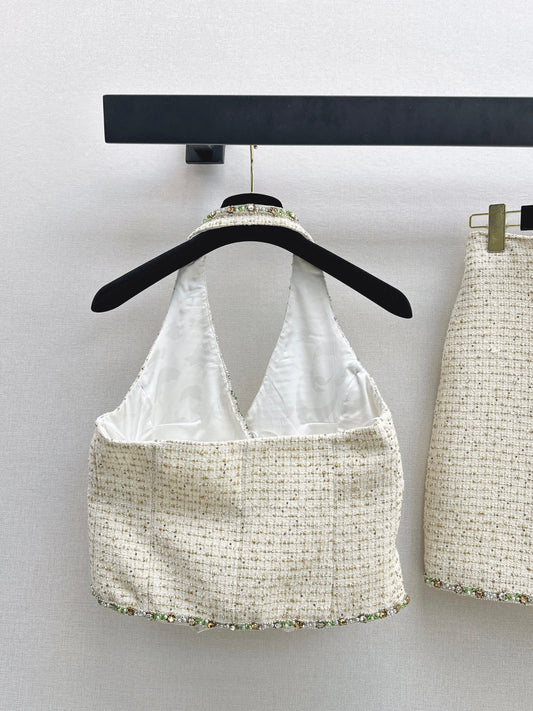 26SS NEW rhinestone cropped halter vest