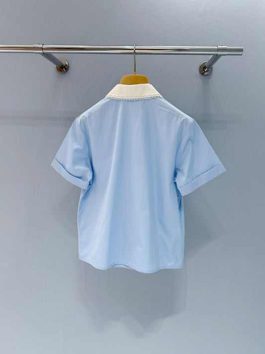 26SS NEW Double-layer lace collar color-blocked short-sleeved shirt
