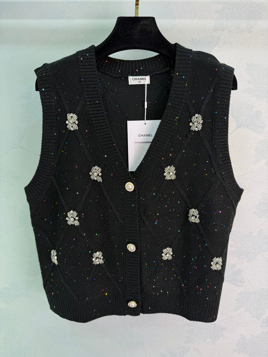 26SS NEW Diamond textured sequined beaded knitted vest
