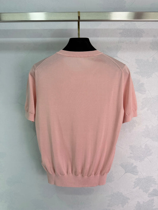26SS NEW Light pink + yellow bow embellished knitted short sleeves