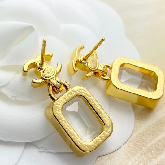 26SS NEW gold double c transparent rock candy pendant earrings