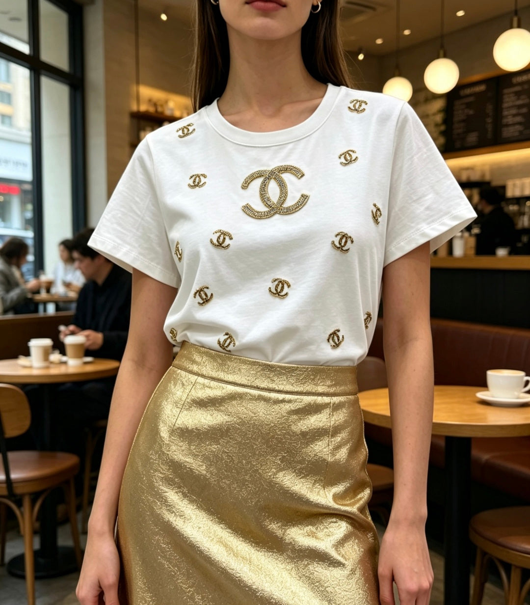 🔥Highest Quality🔥26SS NEW Colorful Double C bead embroidery white T-shirt