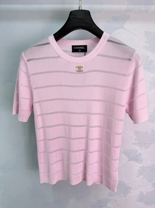 26SS NEW Round neck + metal double C logo striped knitted short sleeves